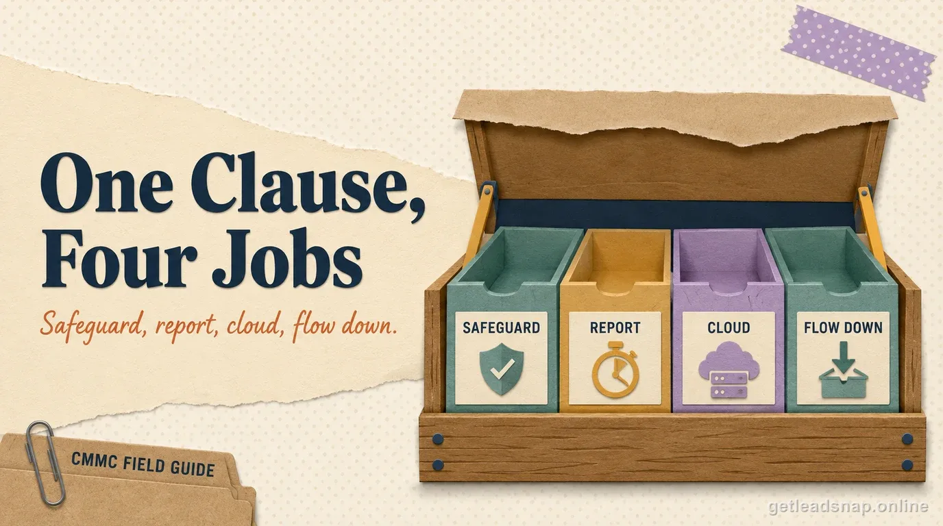 An open wooden toolbox with four labeled trays — Safeguard, Report, Cloud, and Flow Down — illustrating the four duties bundled inside DFARS 252.204-7012.