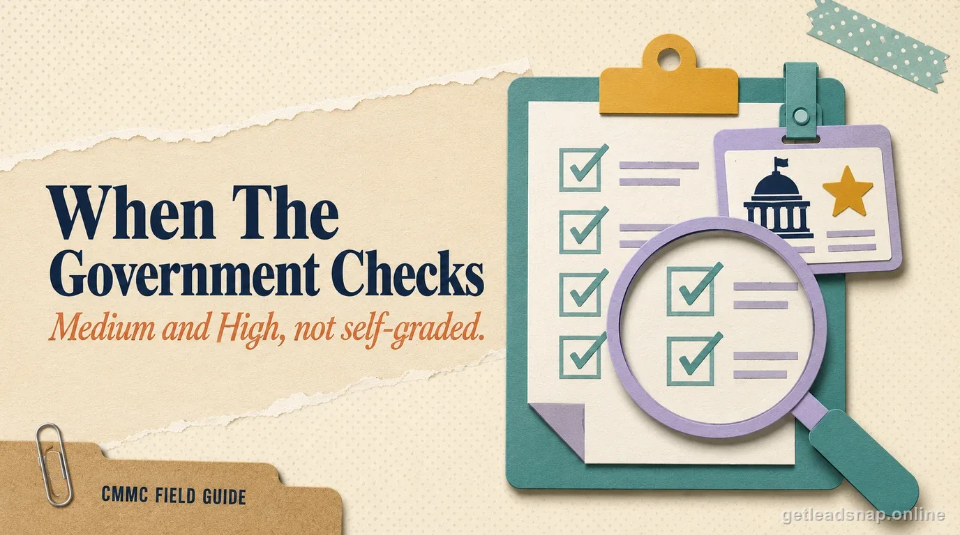 A clipboard checklist examined through a magnifying glass beside a government ID badge, illustrating a government-led Medium or High NIST SP 800-171 assessment.