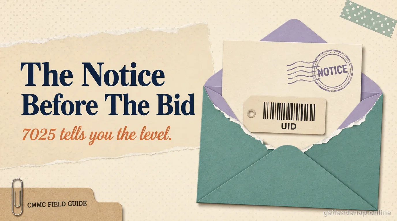 An opened envelope with a notice card and a UID barcode tag, illustrating the DFARS 252.204-7025 solicitation notice of CMMC level requirements.