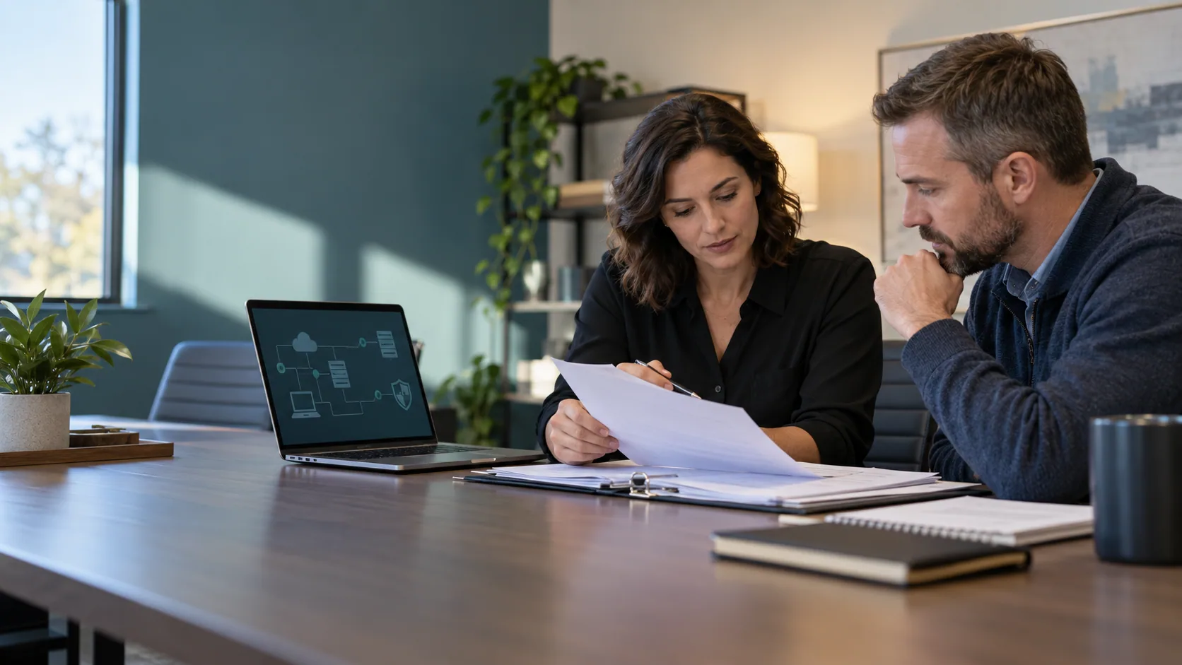 A contracts specialist and security lead reviewing a government assessment clause beside a system-boundary map and evidence folder