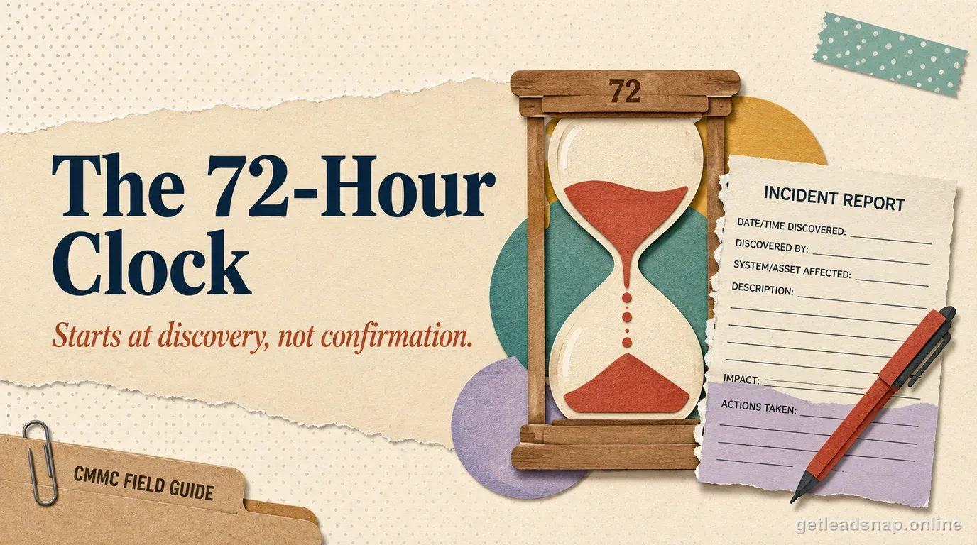 An hourglass marked 72 with red sand pouring through, beside a half-filled paper incident report form, illustrating the DFARS 252.204-7012 72-hour reporting clock.