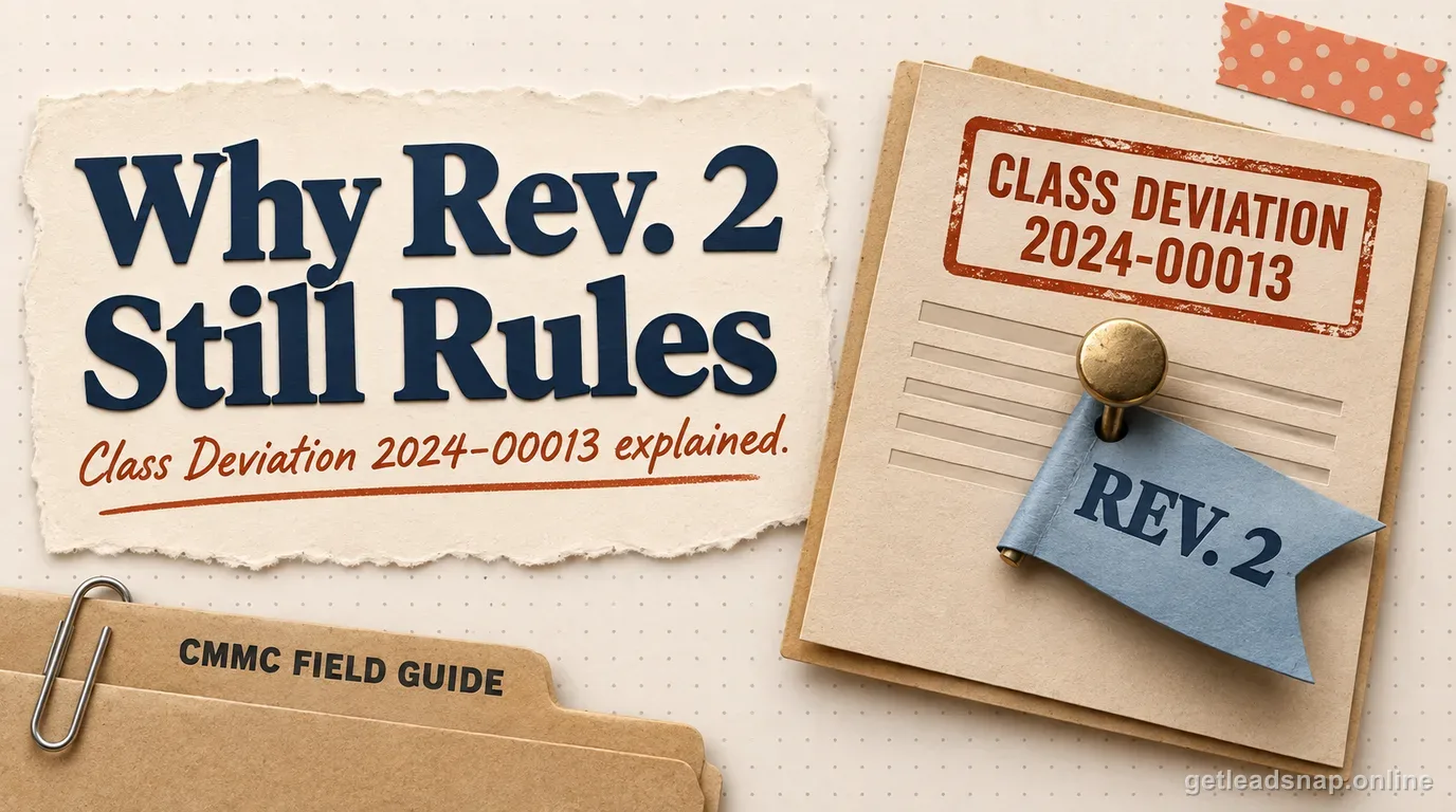 Illustration showing why DoD Class Deviation 2024-O0013 Revision 2 still governs CMMC contract requirements