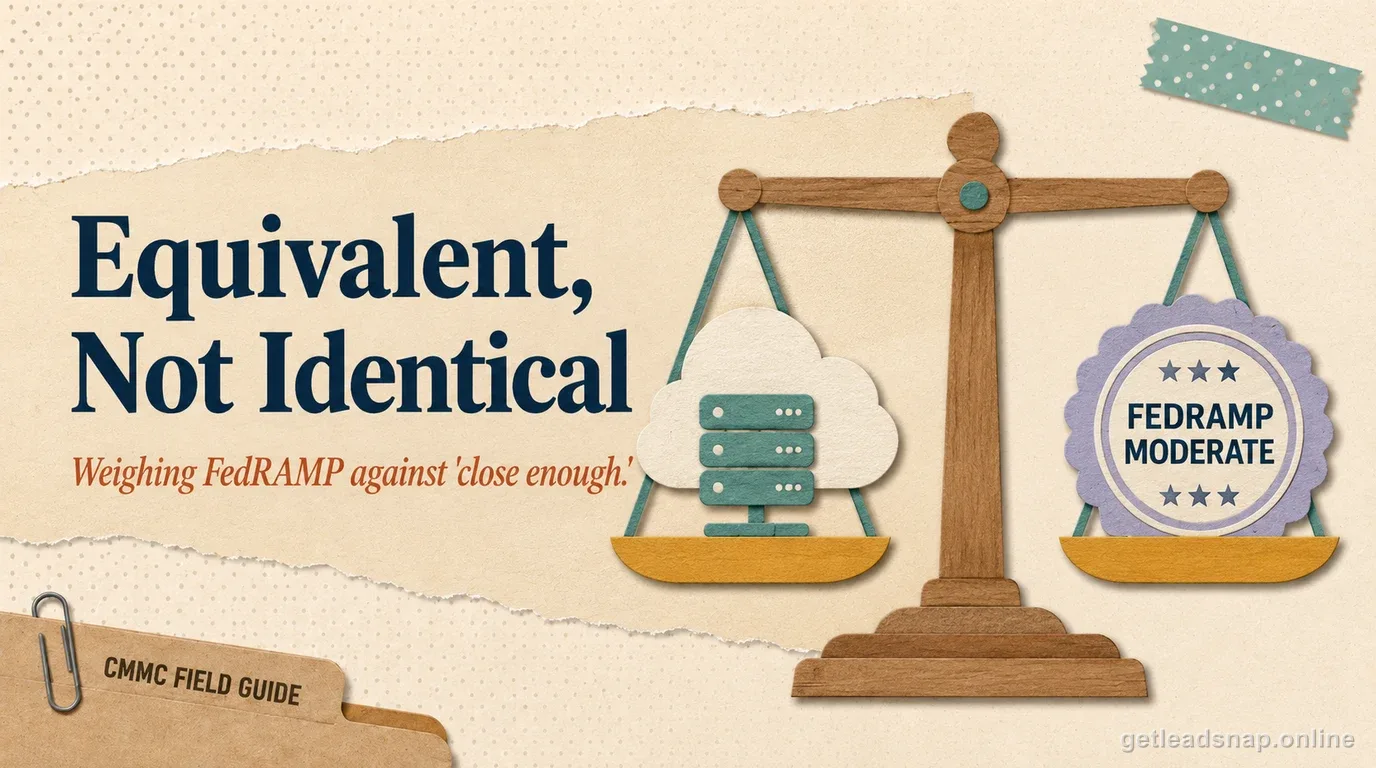 A balance scale weighing a cloud-server icon against a FedRAMP Moderate seal badge, illustrating FedRAMP Moderate equivalency for CUI cloud services.