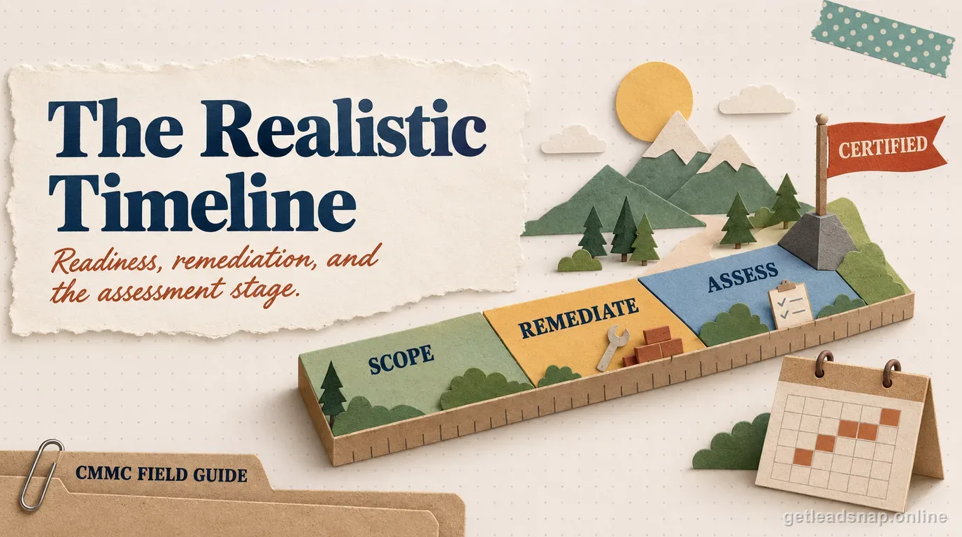 Illustrated timeline labeled Scope, Remediate, Assess leading to a Certified flag showing the realistic length of CMMC certification in 2026