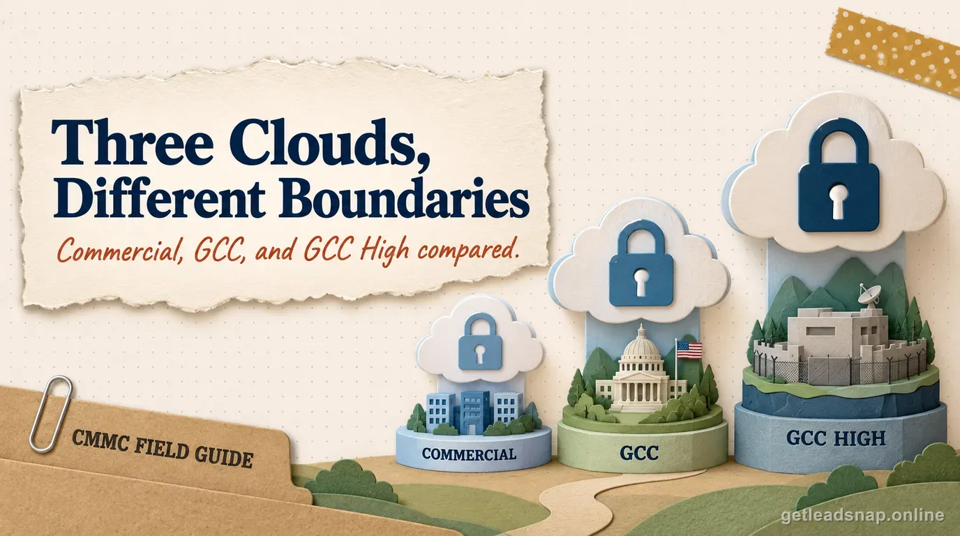 Illustrated comparison of three cloud environments labeled Commercial, GCC, and GCC High showing their different CMMC boundaries