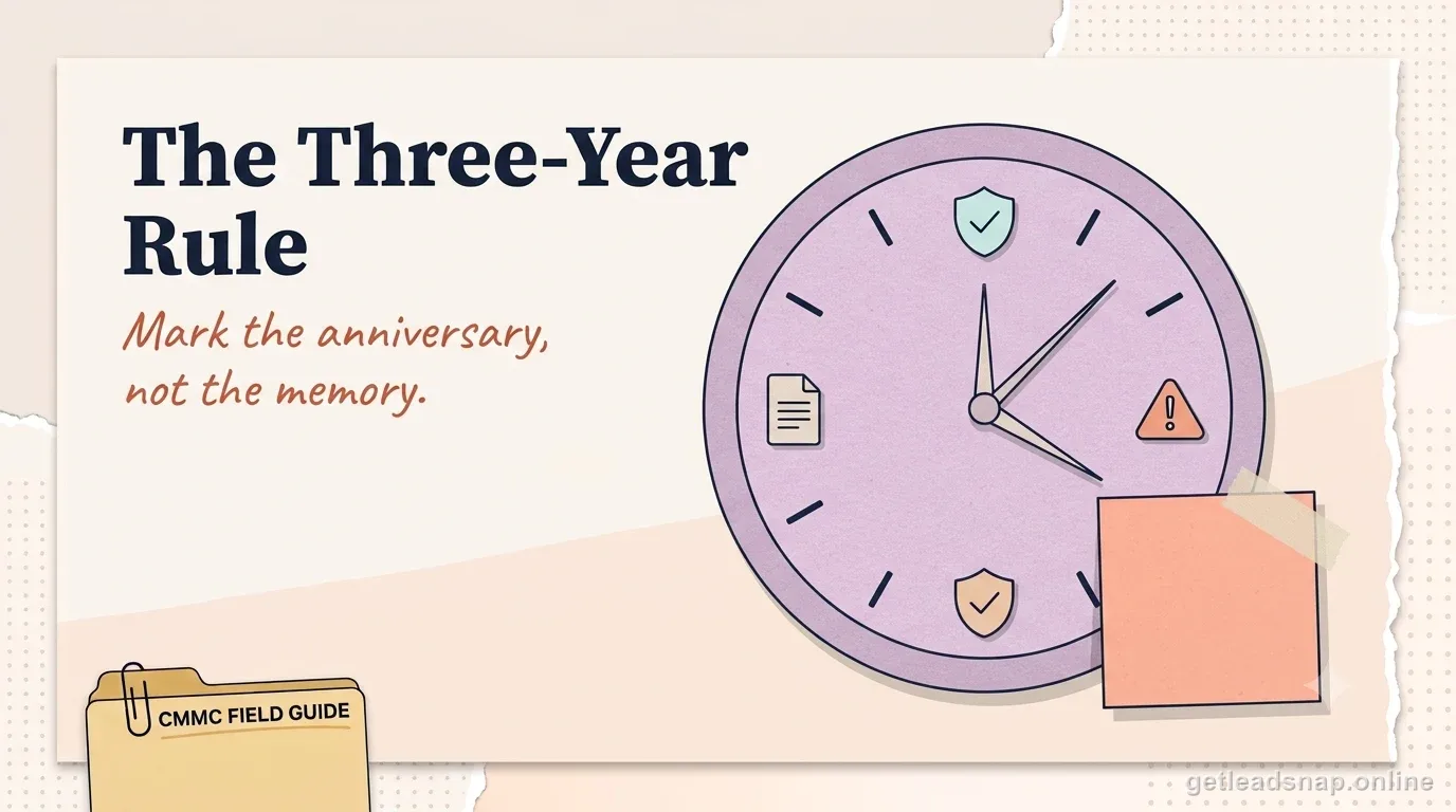 Illustration of a clock face with three tick marks representing the three-year Basic Assessment currency rule.