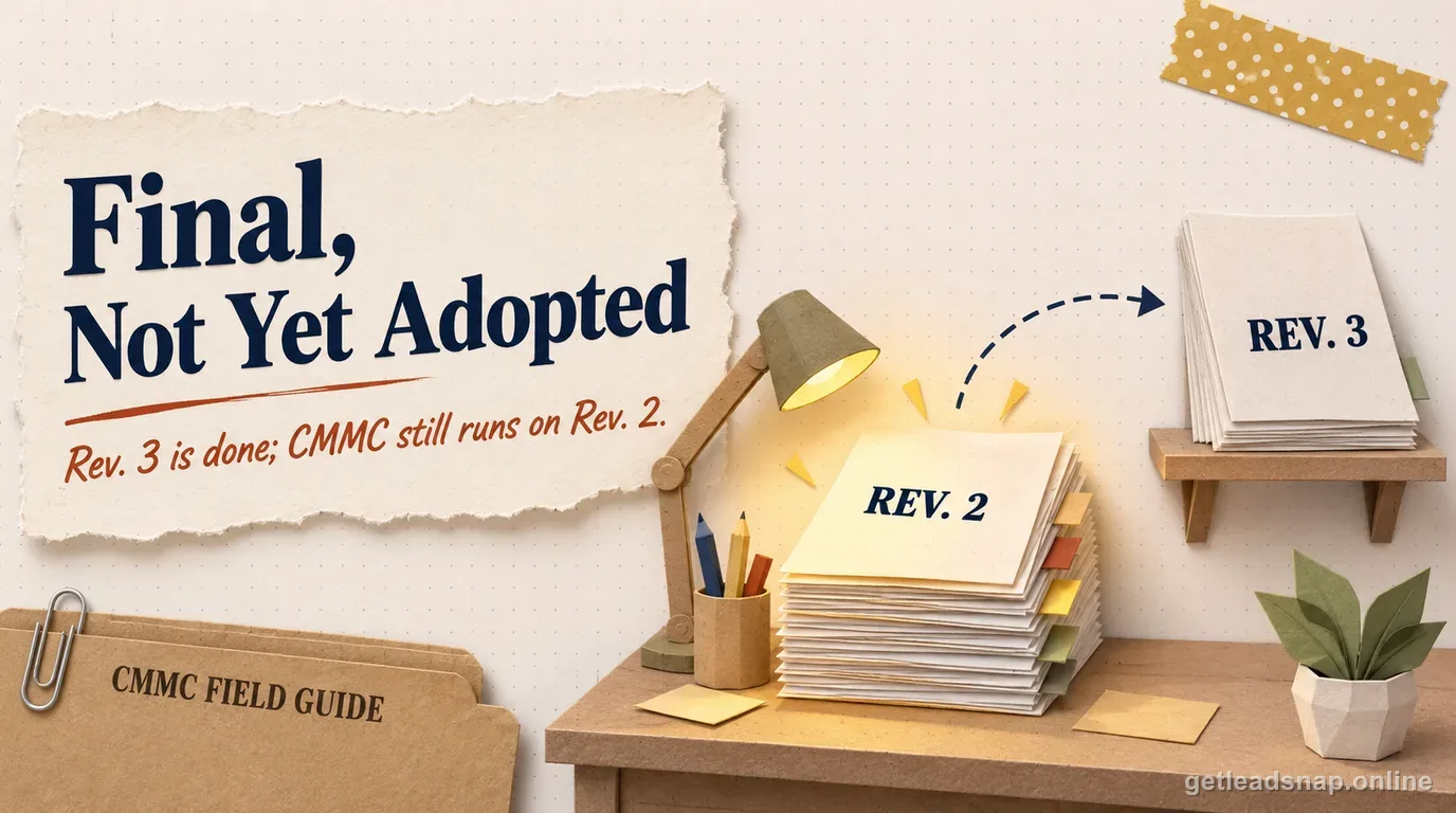 Illustration of a calendar and document labeled Final but Not Current showing NIST SP 800-171 Revision 3 adoption timing for CMMC