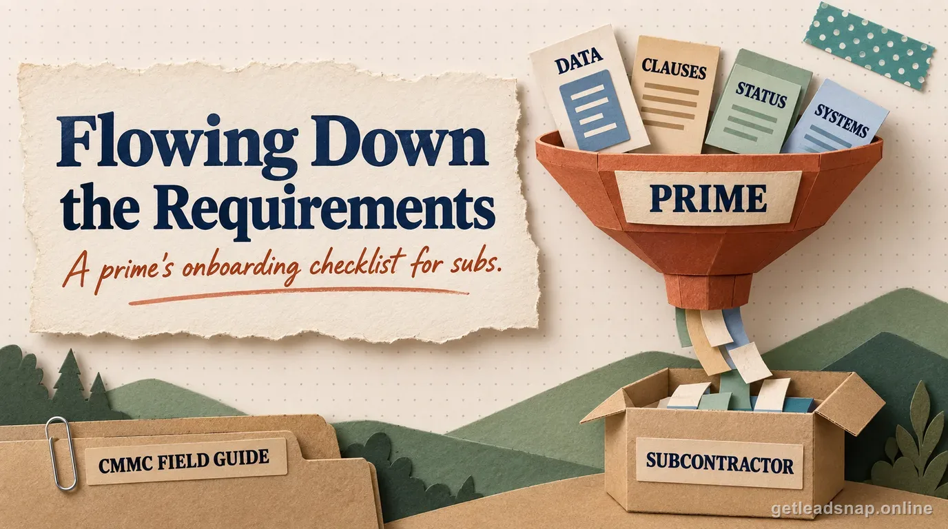Illustrated funnel labeled Prime showing CMMC requirements flowing down to new subcontractors