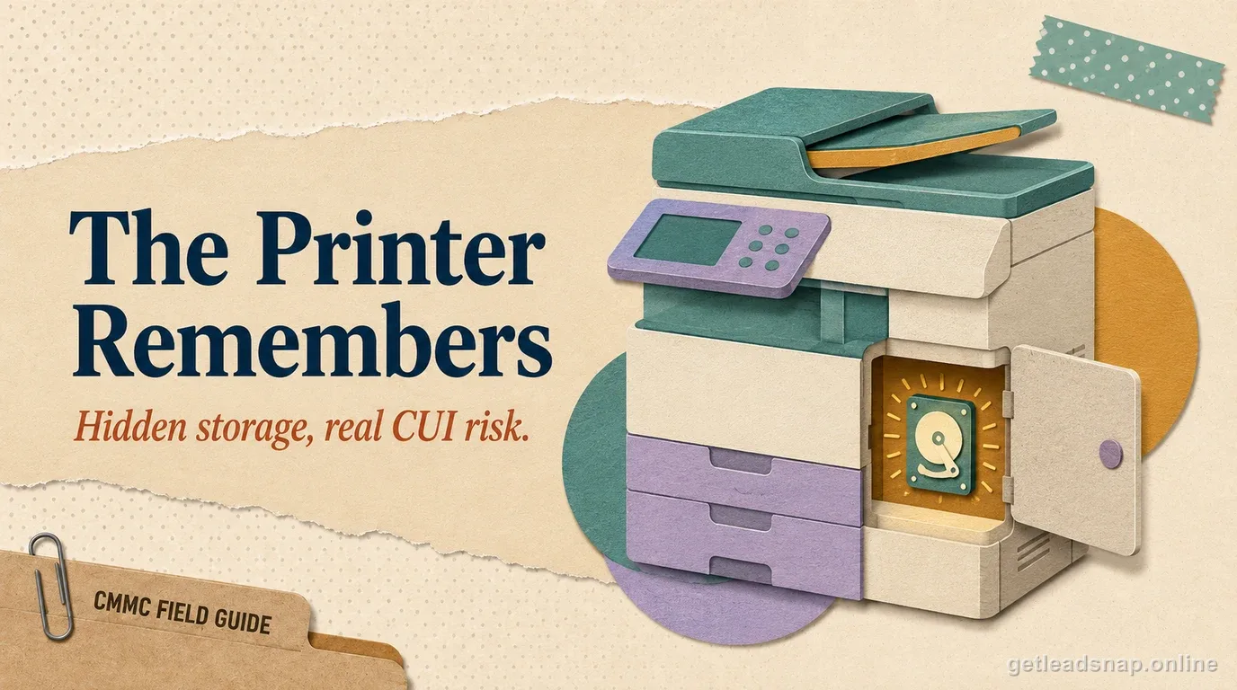 A multifunction printer with a cutaway panel revealing a hidden internal hard-drive chip, illustrating overlooked CUI storage inside printers and scanners.