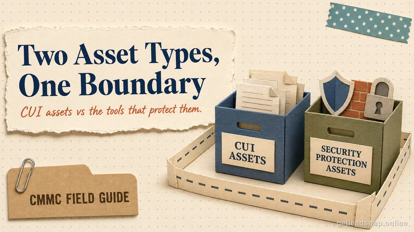 Papercraft illustration of two boxes inside one shared boundary line, one holding CUI document assets and the other holding shield, firewall, and padlock icons representing security protection assets.
