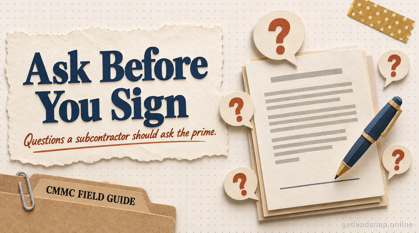 Illustration of a subcontractor with a pen and question marks, reviewing questions to ask a prime about CMMC before signing