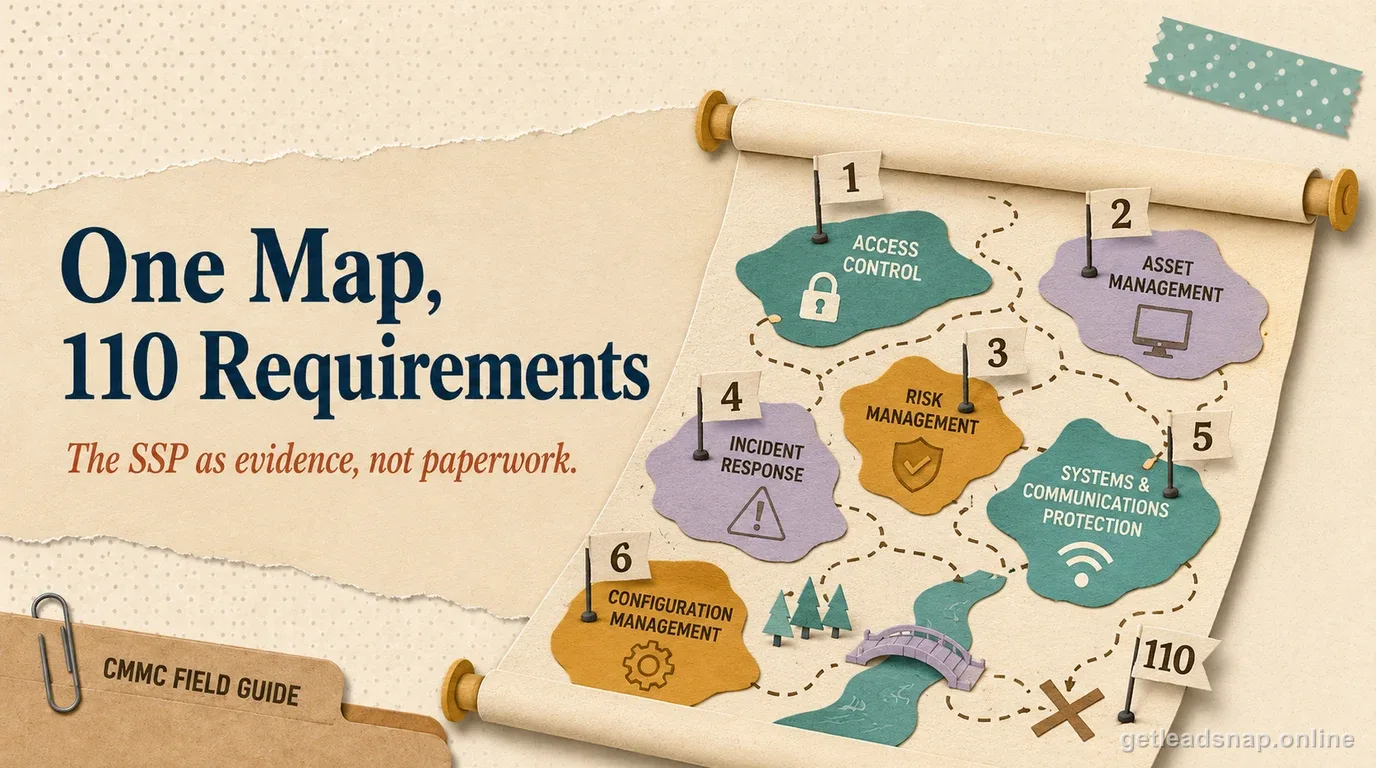An unrolled paper scroll marked with numbered flags pointing to labeled requirement families, illustrating an SSP built as an evidence map rather than a novel.