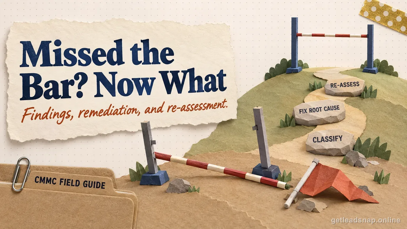 Illustration of a high-jump bar knocked down with stepping stones leading back up, showing remediation and reassessment after failing a CMMC assessment